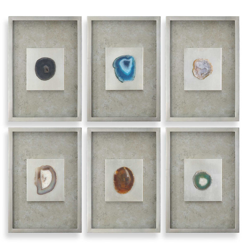 Set of six silver agate stone wall art pieces by Uttermost, featuring natural agate patterns and metallic silver finishes.