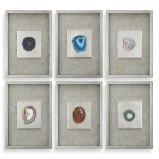 Set of six silver agate stone wall art pieces by Uttermost, featuring natural agate patterns and metallic silver finishes.