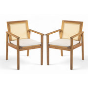 Noble House Preston outdoor dining chair set with teak frames and beige cushions, perfect for patio or garden dining.