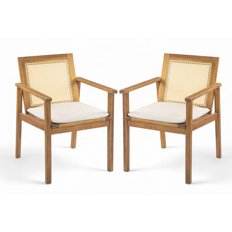 Noble House Preston outdoor dining chair set with teak frames and beige cushions, perfect for patio or garden dining.