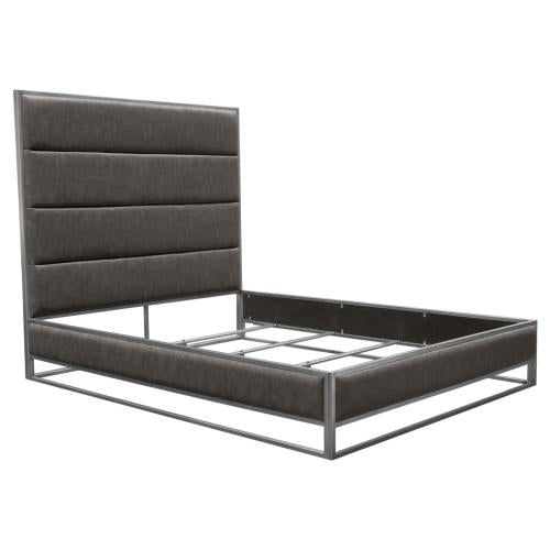 Empire Queen Bed in Weathered Grey PU with Hand brushed Silver Metal Frame
