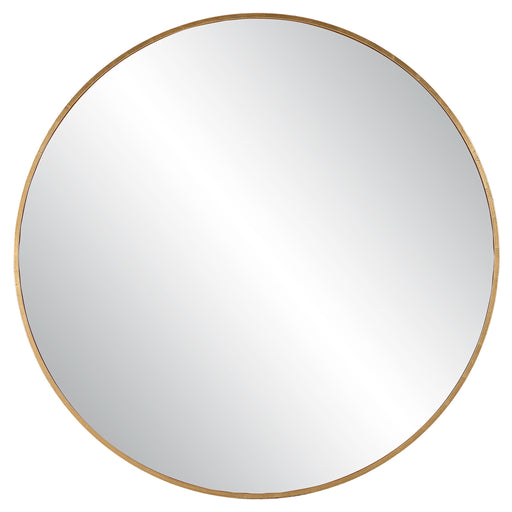 Uttermost Junius round wall mirror with a sleek metal frame, hanging on a neutral wall for modern home decor.