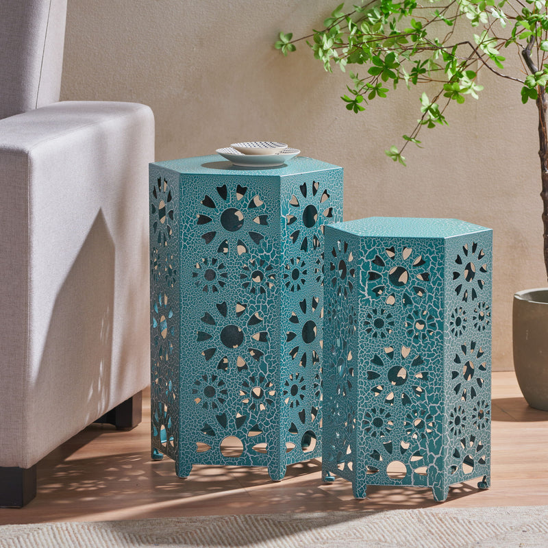 Noble House Eliana side table with a sleek design, featuring a wooden top and modern metal legs for stylish home decor.