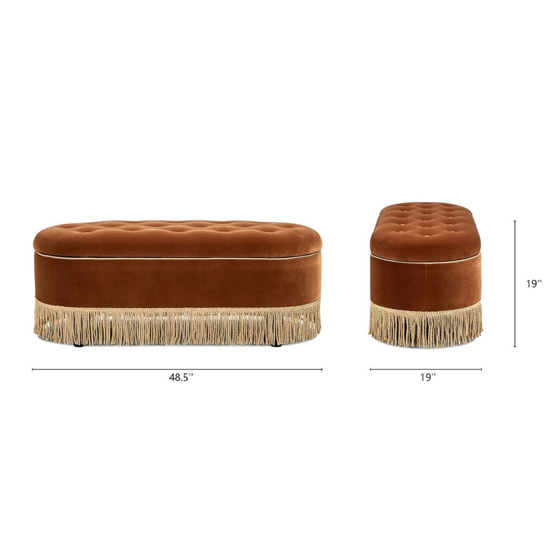 Jennifer Taylor Home Melinda oval tufted bullion fringe storage bench with upholstered fabric and decorative fringe detailing.