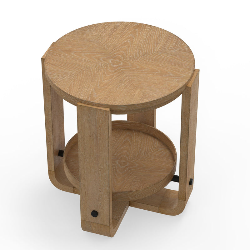 Escape - Round End Table With Shelf - Glazed Natural Oak / Black Metal Trim - R&R Furniture Gallery (Fountain Valley, CA)