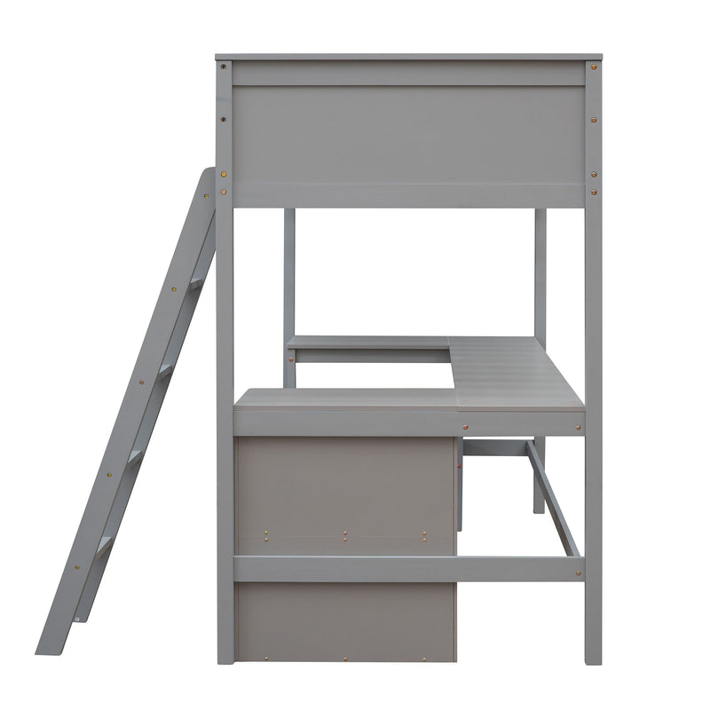 DreamHaus loft bed with integrated shelves and desk, showcasing a space-saving furniture piece for bedroom organization.