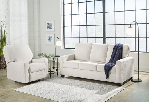 Signature Design by Ashley Rannis 2-piece living room set with a sofa and loveseat featuring neutral fabric upholstery and modern design.