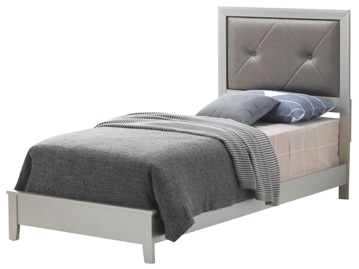 Upholstered padded headboard bed from Glory Furniture with a soft fabric finish and modern design, shown in a bedroom setting.