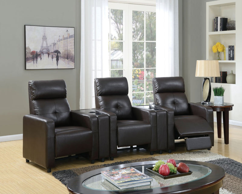Britten - Motion Home Theater With Cup Holder - Espresso Synthetic Leather - R&R Furniture Gallery (Fountain Valley, CA)
