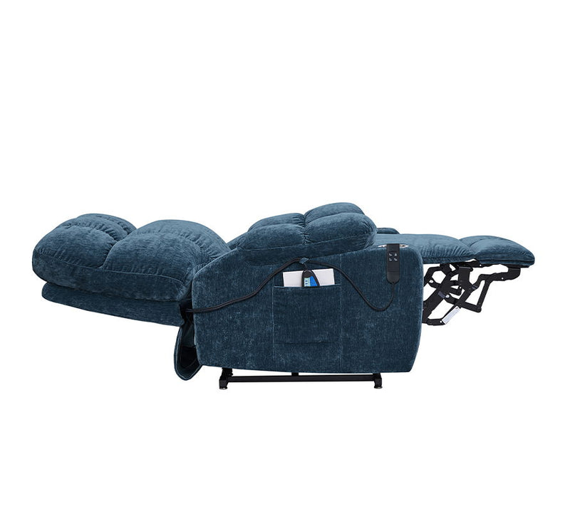 Refined Comfort dual Okin motor lift recliner chair for elderly with infinite position, lay flat, heat, and massage features.