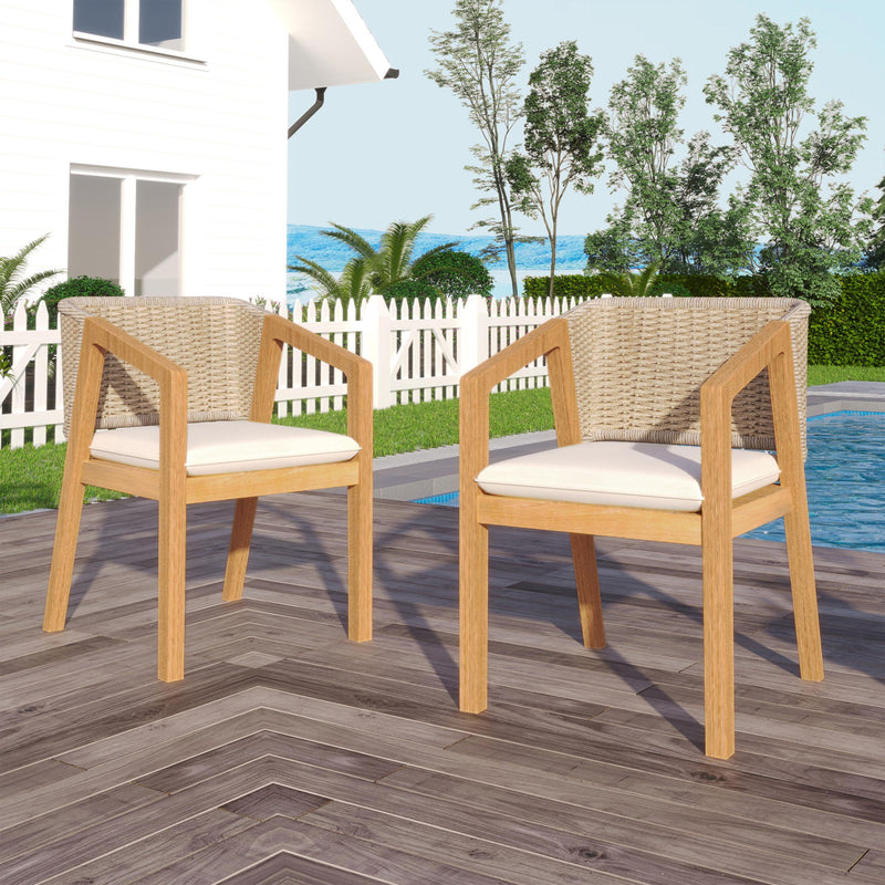 Set of two Noble House patio dining chairs in light teak wood, featuring a sleek design and comfortable seating for outdoor dining.