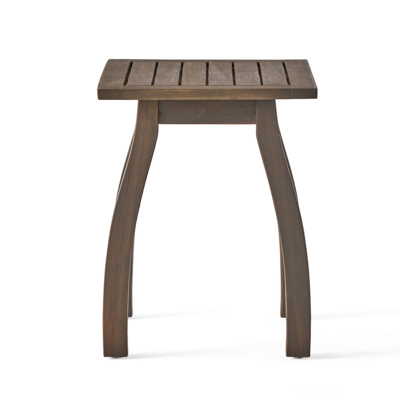 Noble House Kinesis outdoor side table with slatted top and wood frame, perfect for patio or garden decor.
