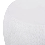 Outdoor lightweight concrete side table in antique white by Noble House, with a smooth round surface and sturdy legs.