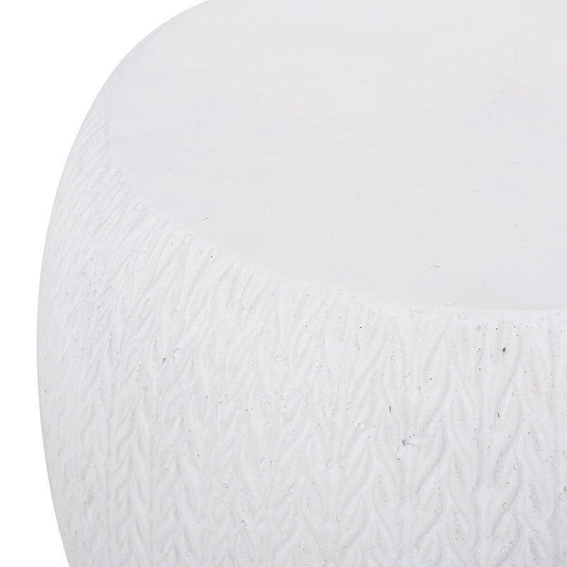 Outdoor lightweight concrete side table in antique white by Noble House, with a smooth round surface and sturdy legs.
