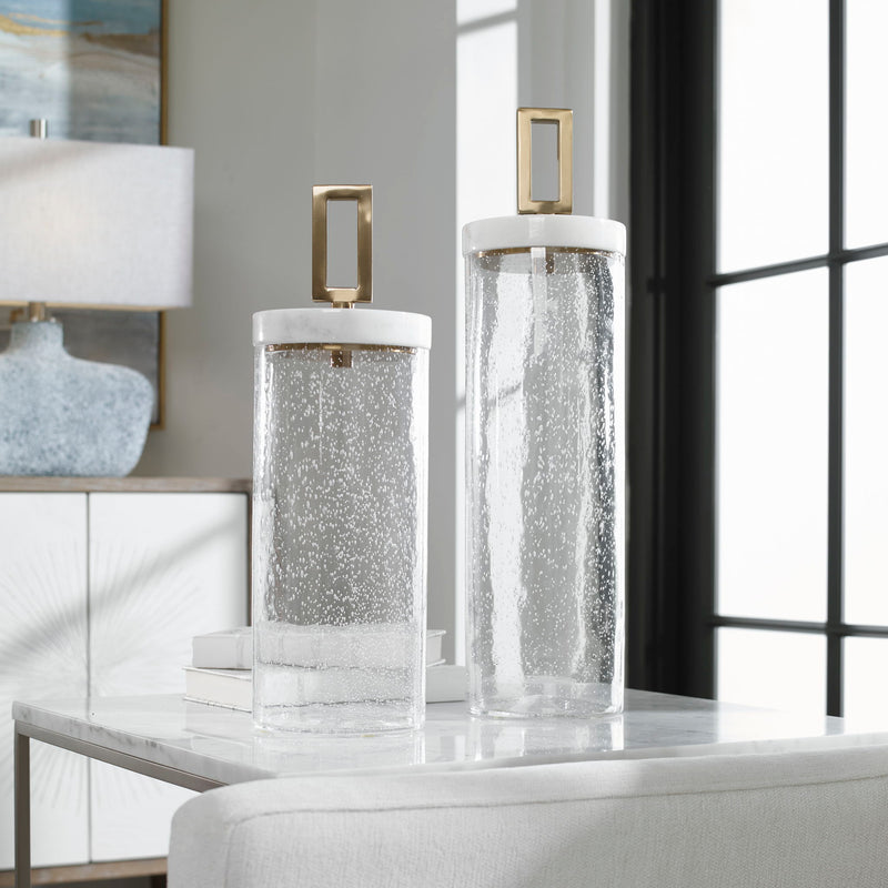Pair of Uttermost Hayworth Seeded Glass Containers in white, set of 2, showcasing elegant vases and jars with textured glass design.