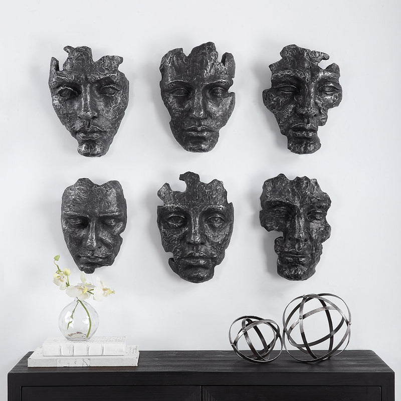 Set of six Uttermost Self-Portrait Mask wall decor pieces with artistic face designs on textured backgrounds.