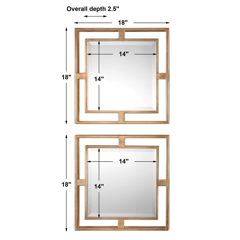 Set of two gold square wall mirrors by Uttermost, featuring sleek modern frames perfect for contemporary interior decor.