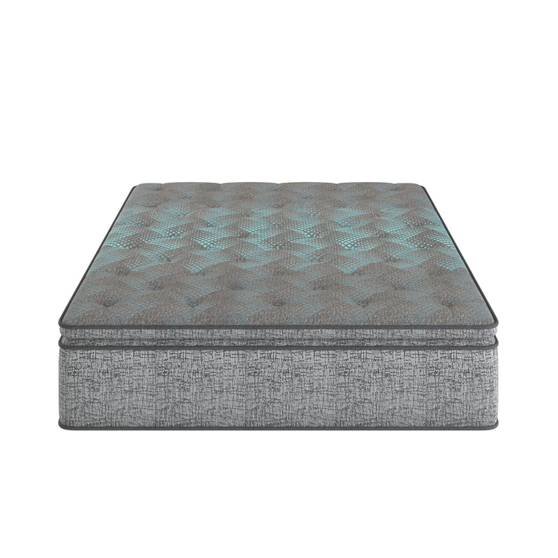 Restonic Comfort Care 12" hybrid Euro top twin mattress with plush comfort, gray and blue fabric, and individual pocketed coils.