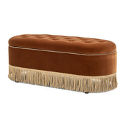 Jennifer Taylor Home Melinda oval tufted bullion fringe storage bench with fabric upholstery and wooden legs.