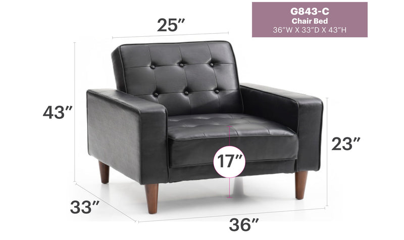 Glory Furniture Andrews chair bed futon chair with wooden frame and cushioned seat, convertible for seating and sleeping.