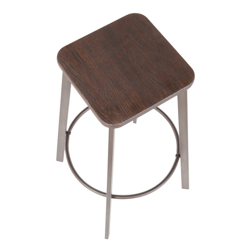 Set of two Lumi Source Clara industrial square barstools in espresso finish, featuring metal frames and cushioned seats.