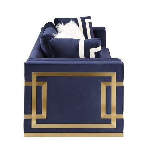 Virrux - Sofa With 6 Pillows - Blue Velvet & Gold - R&R Furniture Gallery (Fountain Valley, CA)