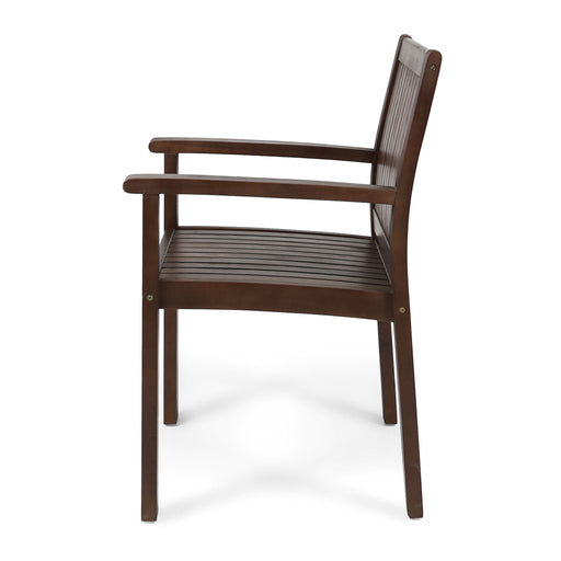 Pair of Noble House rustic dining chairs with acacia wood frames, dark brown finish, slat panel design, set of two.