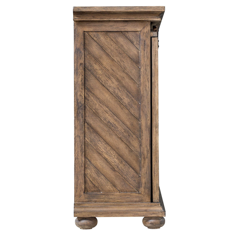 Uttermost Primalia barn door media console in light brown wood with sliding doors and open shelving for TV and media storage.