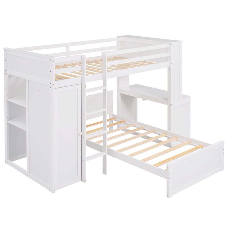 DreamHaus loft bed with a stand-alone bed, shelves, desk, and wardrobe, showcasing a functional multi-piece bedroom setup.