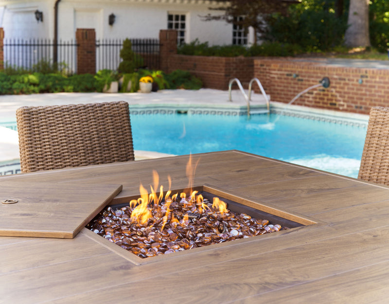 Walton Bridge - 5 Pc. - Square Bar Table W/Fire Pit, 4 Barstools - Driftwood - R&R Furniture Gallery (Fountain Valley, CA)