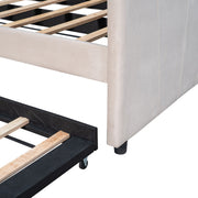 DreamHaus upholstered daybed sofa bed with trundle and wood slat base, showcasing its plush fabric and sturdy construction.