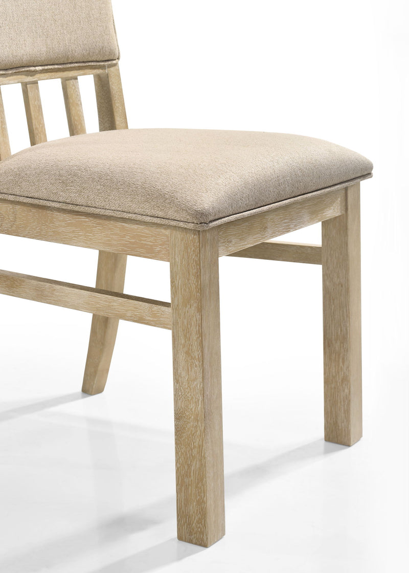 Set of two Lilola Home Brutus wide dining chairs with reclaimed wheat finish, showcasing sturdy wooden seats and supportive backs.