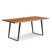 Simpli-Home Delta handcrafted wooden dining table with sturdy legs and smooth surface, suitable for family meals and gatherings.