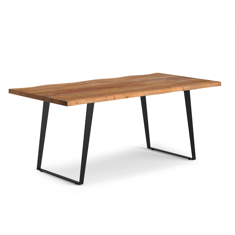 Simpli-Home Delta handcrafted wooden dining table with sturdy legs and smooth surface, suitable for family meals and gatherings.