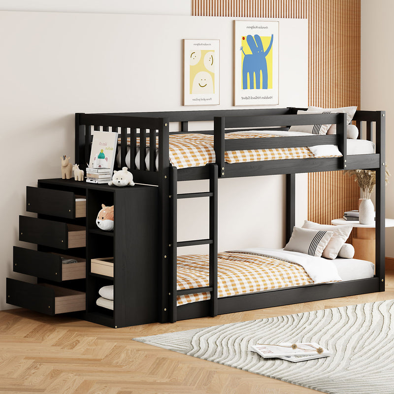 DreamHaus bunk bed with built-in four drawers and three shelves, featuring a sturdy wooden frame and space-saving design.