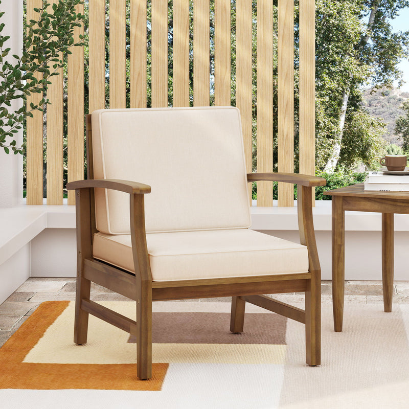 Noble House Perla contemporary club arm chair with water-resistant cushion in neutral fabric, stylish and comfortable for living spaces.
