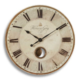 Uttermost Harrison Gray wall clock with a modern round design and stylish gray finish, showcasing a sleek clock face and minimalist hands.