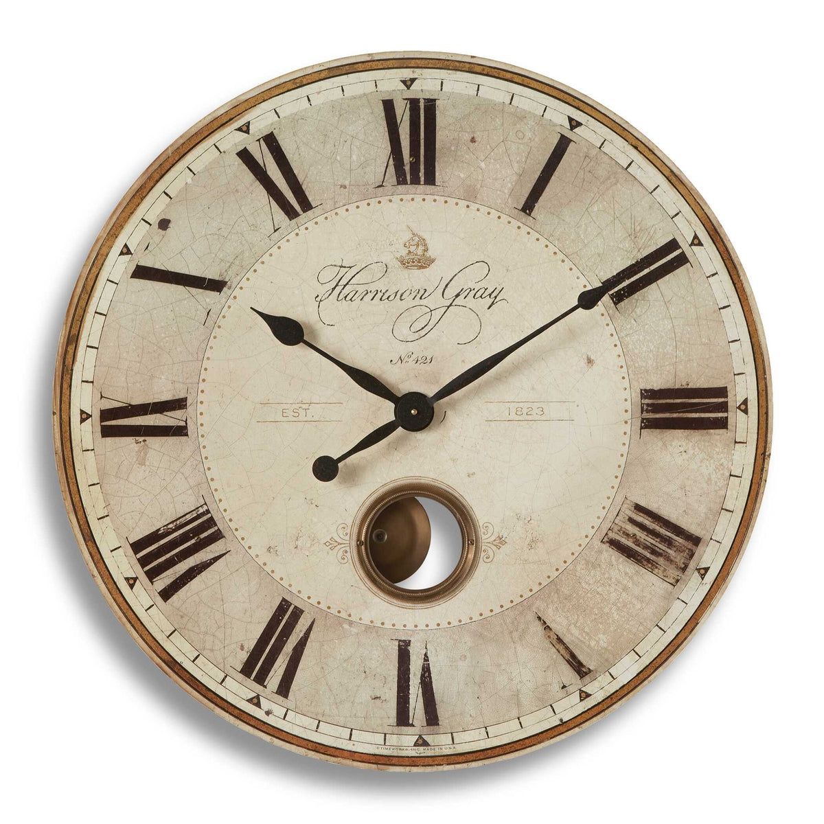 Uttermost Harrison Gray wall clock with a modern round design and stylish gray finish, showcasing a sleek clock face and minimalist hands.