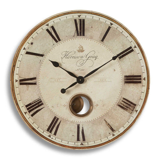 Uttermost Harrison Gray wall clock with a modern round design and stylish gray finish, showcasing a sleek clock face and minimalist hands.
