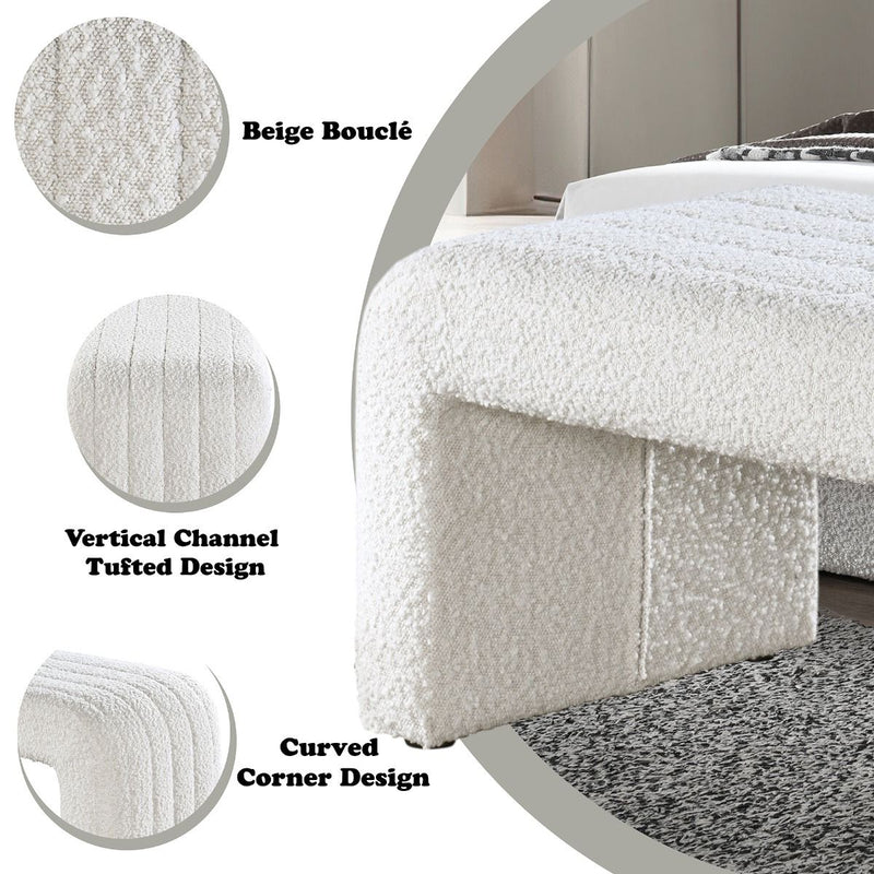 ACME Sandro beige boucle upholstered bench with wooden legs, stylish and comfortable for living room or entryway decor.