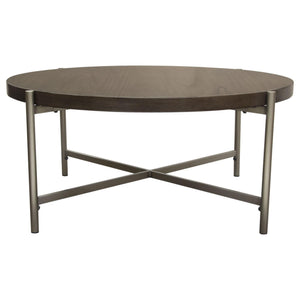 Atwood 40" Round Cocktail Table w/ Grey Oak Veneer Top & Brushed Silver Metal Base by Diamond Sofa