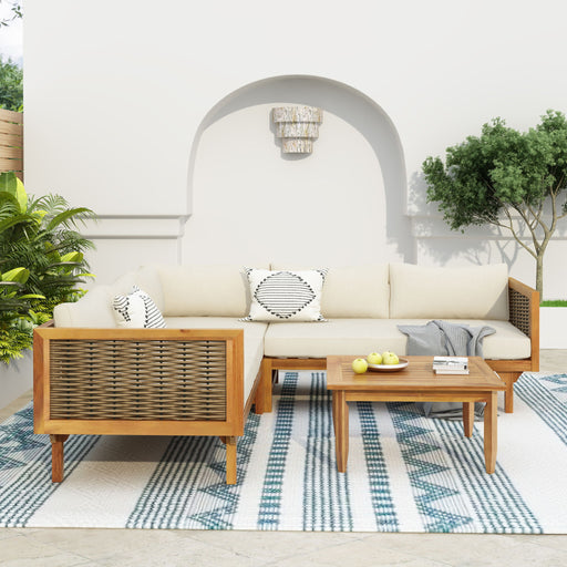Premium Outdoor Sofa Set With Waterproof Cushions Sectional Seating Group With Acacia Wood And Wicker - Brown Mix / Beige - R&R Furniture Gallery (Fountain Valley, CA)