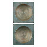 Pair of Uttermost Sybil Squares wall decor in antique gold with intricate geometric designs, ideal for modern interior accents.