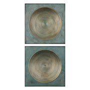Pair of Uttermost Sybil Squares wall decor in antique gold with intricate geometric designs, ideal for modern interior accents.
