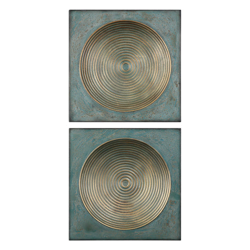 Pair of Uttermost Sybil Squares wall decor in antique gold with intricate geometric designs, ideal for modern interior accents.