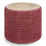 Larissa handcrafted round braided pouf from Simpli-Home, beige accent pouf with woven texture and plush fabric for stylish seating.