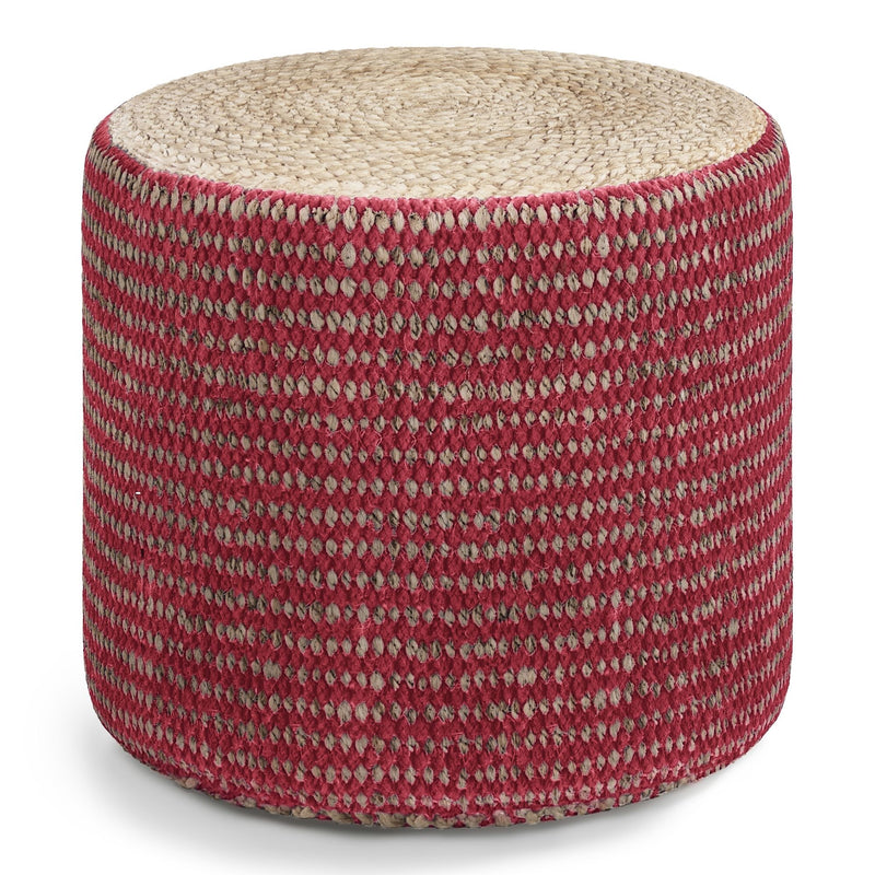 Larissa handcrafted round braided pouf from Simpli-Home, beige accent pouf with woven texture and plush fabric for stylish seating.