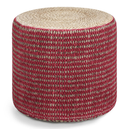 Larissa handcrafted round braided pouf from Simpli-Home, beige accent pouf with woven texture and plush fabric for stylish seating.