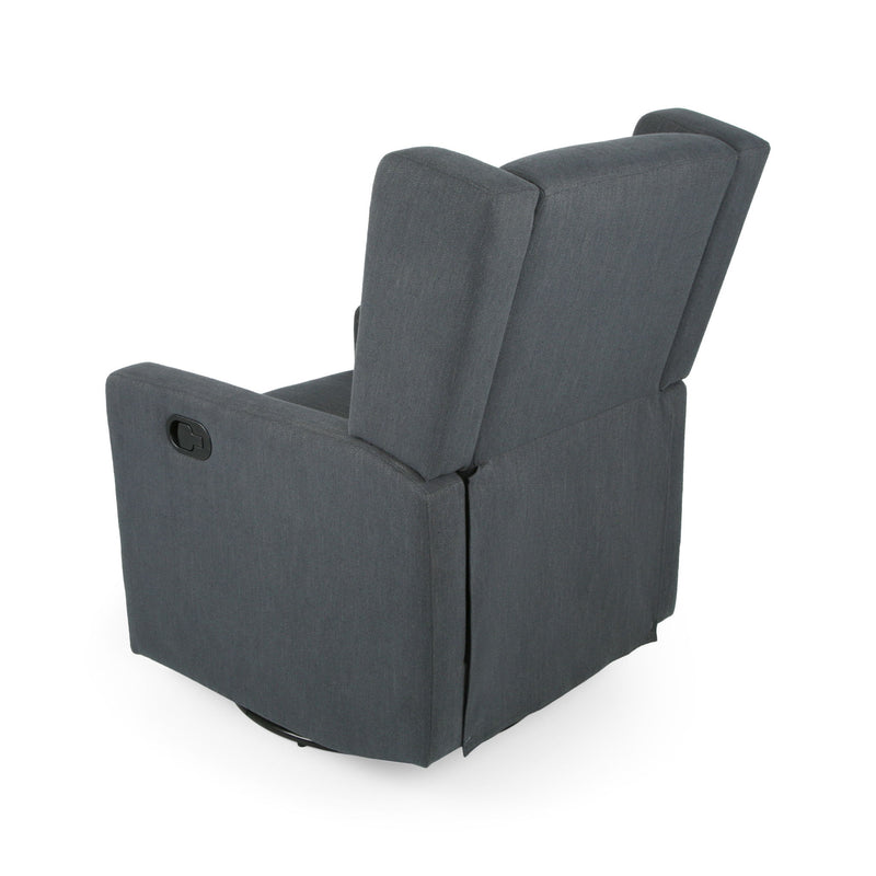 Noble House Landau contemporary fabric upholstered swivel recliner with cushioned seat and backrest, modern design, and swivel base.