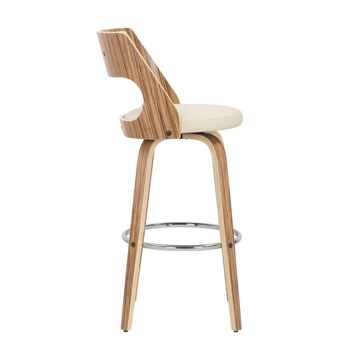 Set of two Lumi Source Cecina mid-century modern fixed height barstools with zebra and cream upholstery, featuring swivel function.